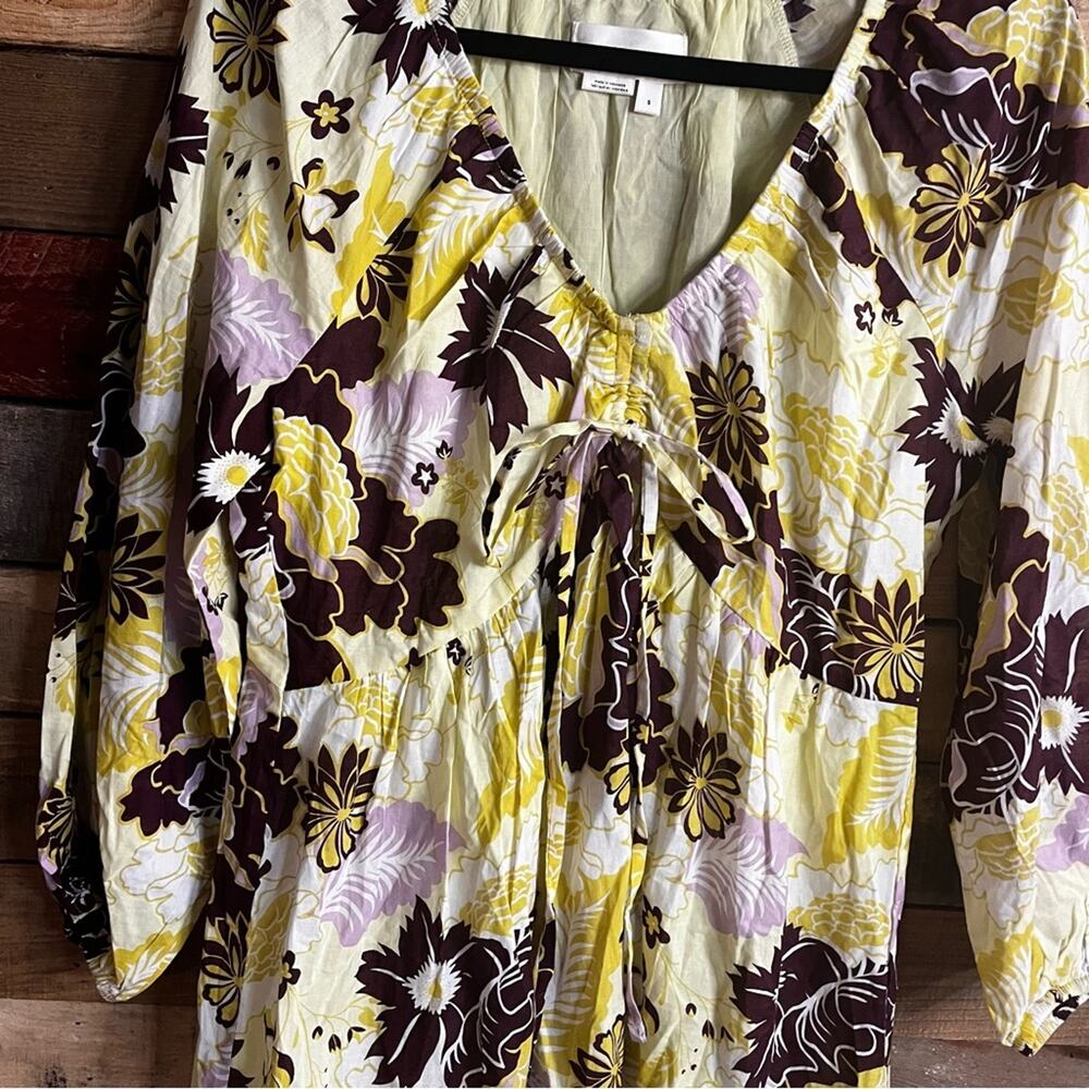 By Anthropologie V‎ Neck Yellow And Burgundy Floral Mini Dress Size Small - Picture 3 of 12